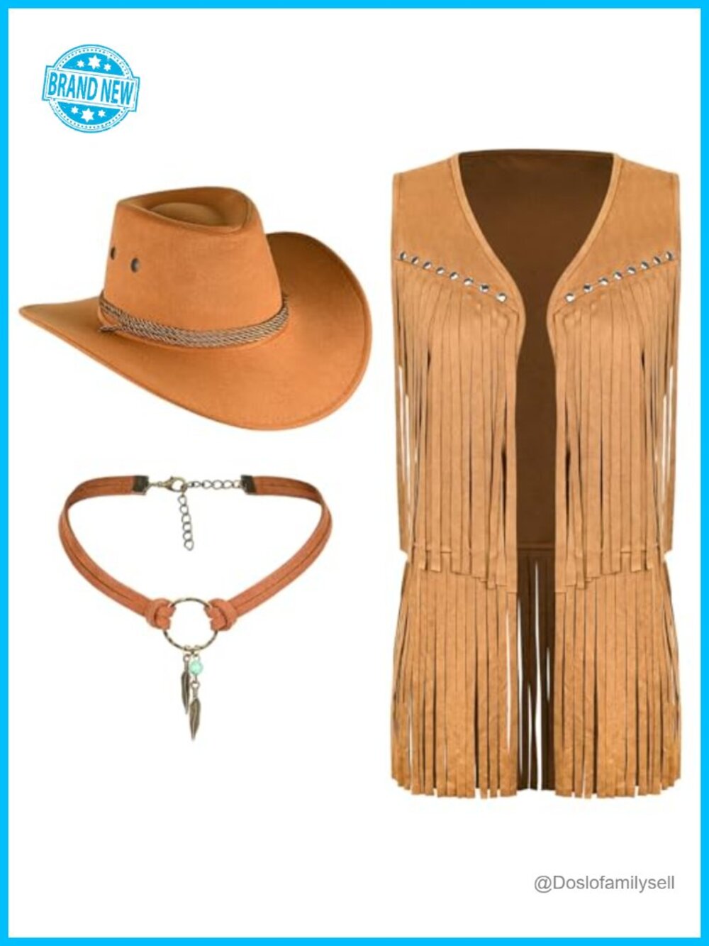 Faux Suede Tassel Fringe Vest Cowboy Hat Set Western Rodeo